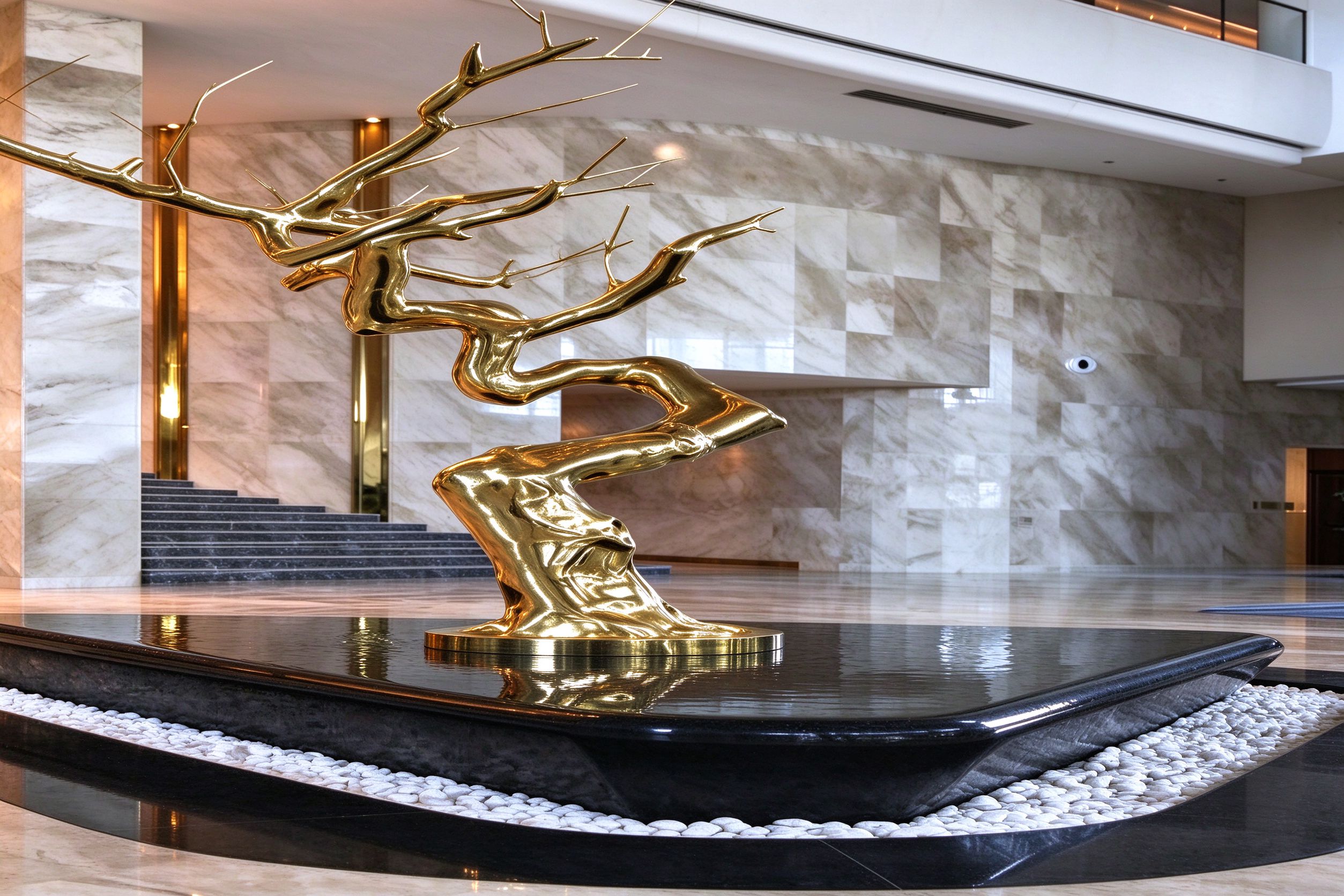 Gold branch sculpture in hotel lobby