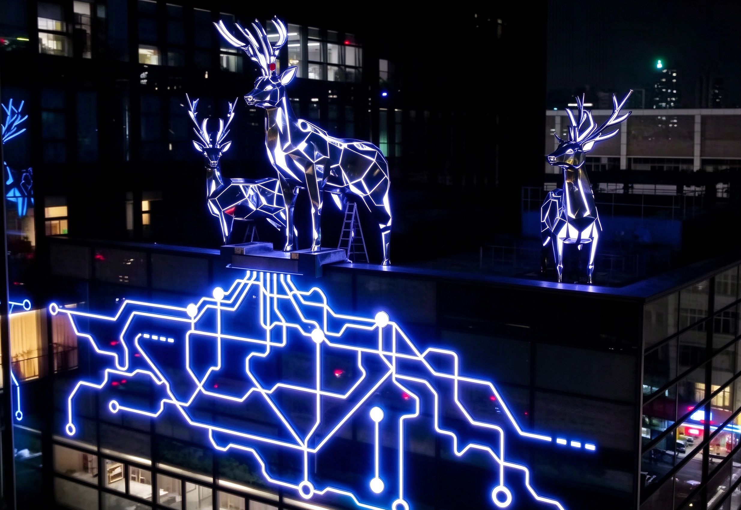 Illuminated deer sculptures at night
