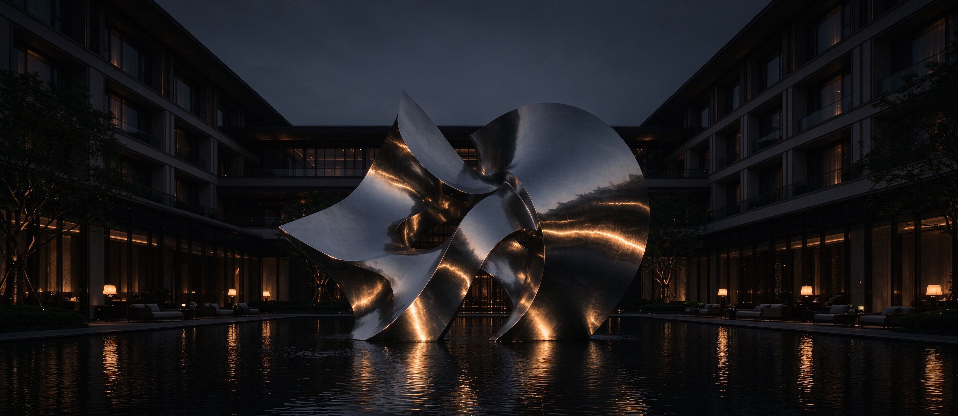 Mirror-polished stainless steel sculpture at dusk